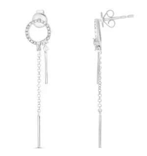 14W Pave Diamond Circle with Bag Diamond and Dangle Chain Bar Earrings