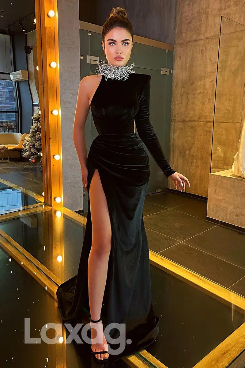 19764 - Velvet One Sleeve Formal Dress Long Prom Gown with Slit