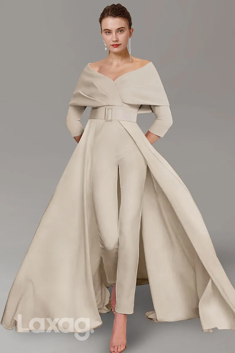 22487 - A-Line Off Shoulder Empire Belt 3I4 Sleeves Mother of the Bride Dress