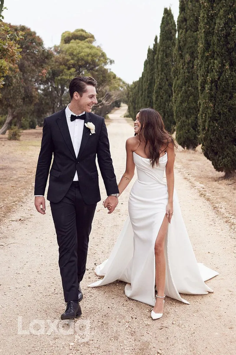 22664 - Strapless Sleek Satin High Slit Elegant Wedding Dress with Train