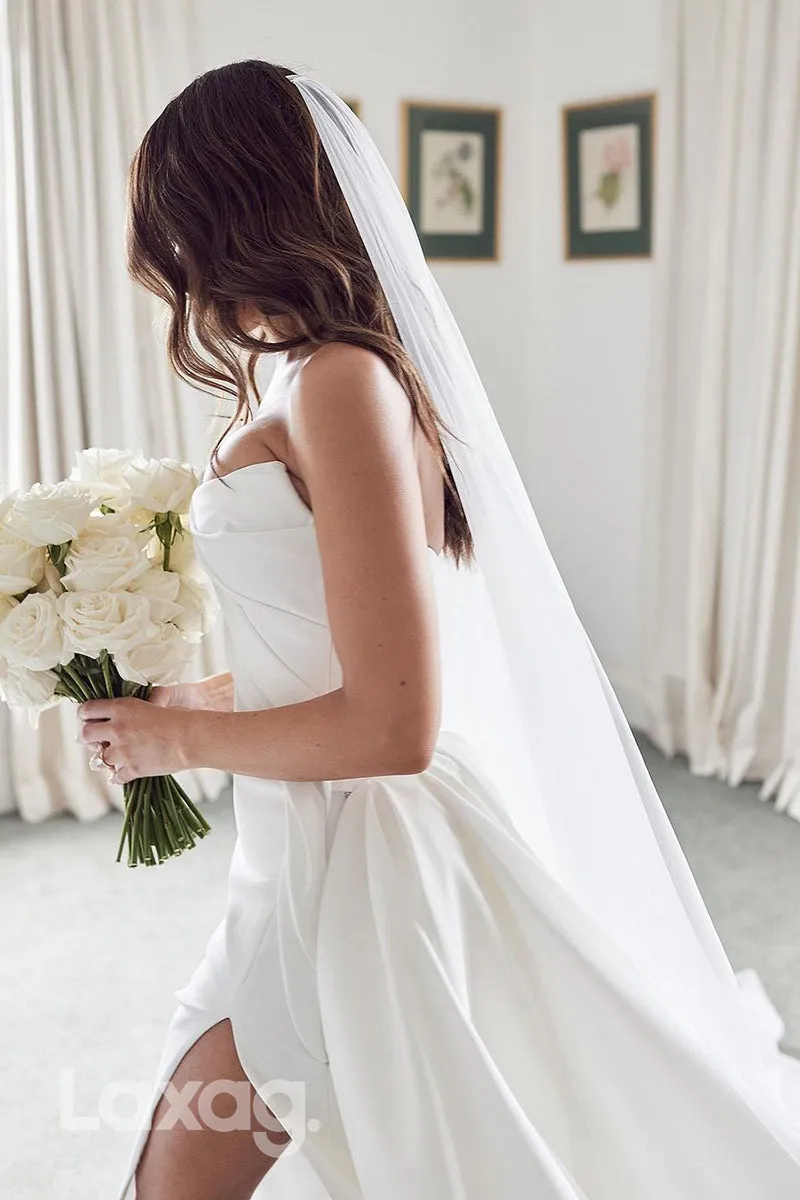 22664 - Strapless Sleek Satin High Slit Elegant Wedding Dress with Train