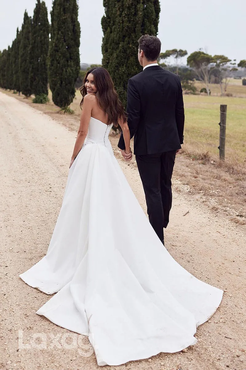 22664 - Strapless Sleek Satin High Slit Elegant Wedding Dress with Train