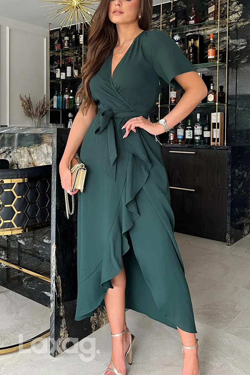 22670 - A-Line V-Neck Short Sleeves Belt Sleek Satin Mother of the Bride Dress