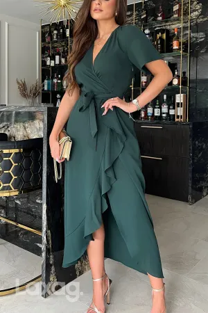 22670 - A-Line V-Neck Short Sleeves Belt Sleek Satin Mother of the Bride Dress