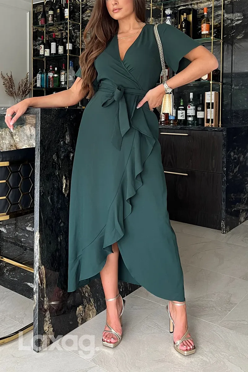 22670 - A-Line V-Neck Short Sleeves Belt Sleek Satin Mother of the Bride Dress