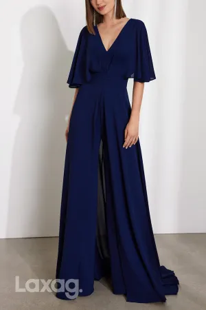 22804 - V-Neck Half Sleeves Pantsuit Cocktail Party Formal Evening Dress with Train