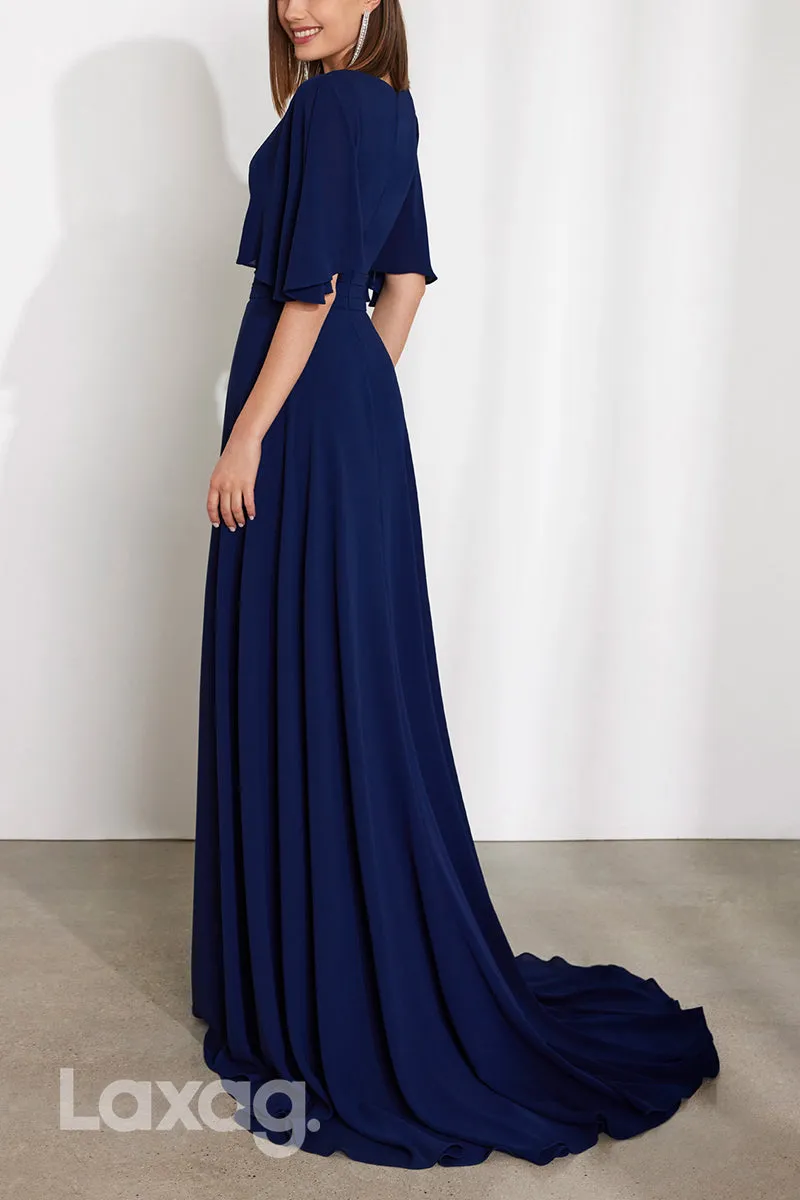 22804 - V-Neck Half Sleeves Pantsuit Cocktail Party Formal Evening Dress with Train