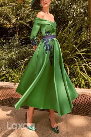 22838 - A-Line Off Shoulder Quarter Sleeves Appliques Mother of the Bride Dress