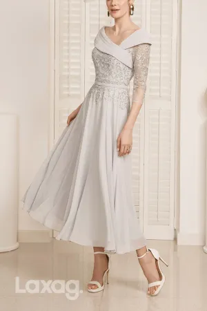22839 - A-Line V-Neck Quarter Sleeves Appliques Sequins Mother of the Bride Dress