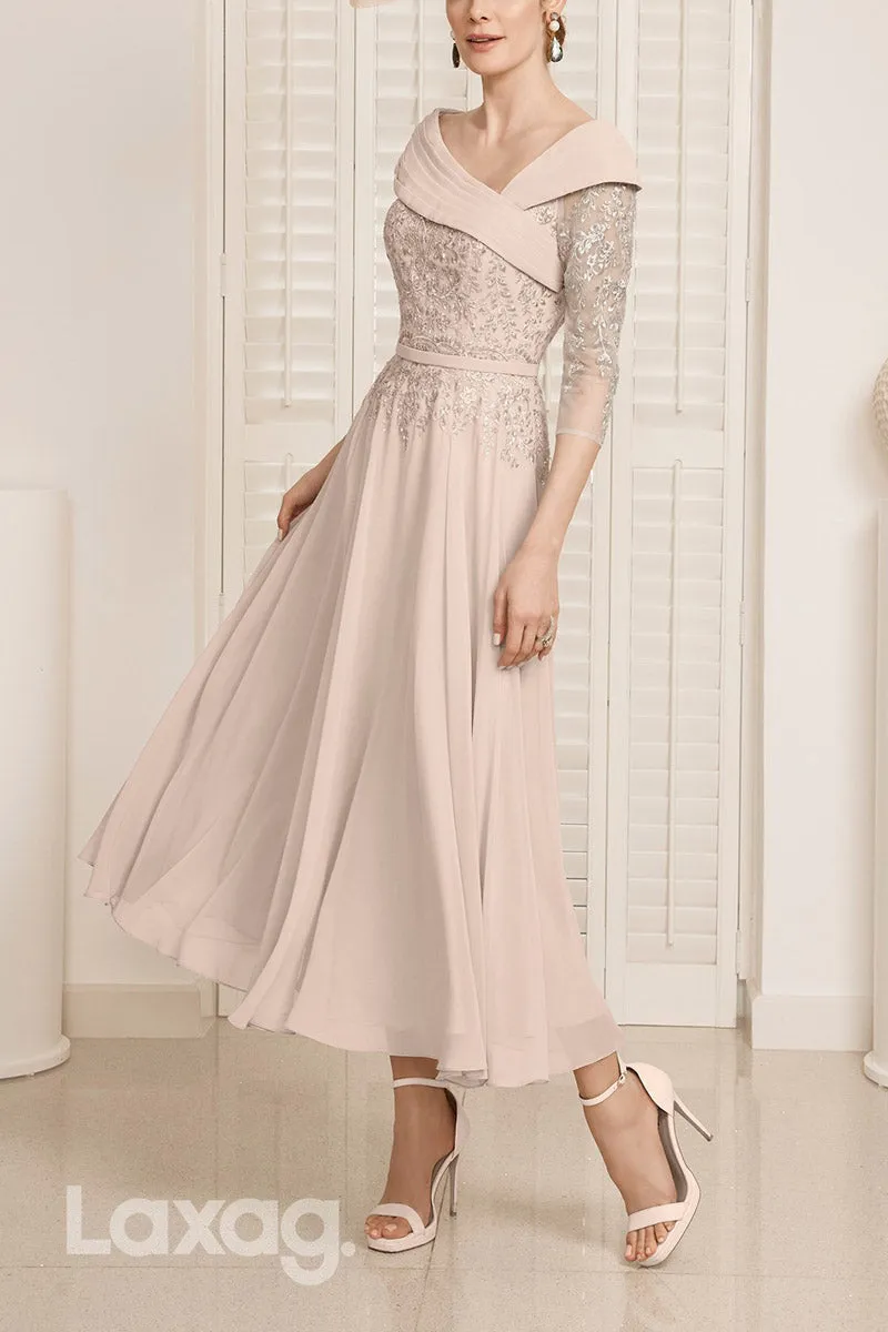 22839 - A-Line V-Neck Quarter Sleeves Appliques Sequins Mother of the Bride Dress