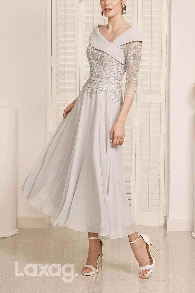 22839 - A-Line V-Neck Quarter Sleeves Appliques Sequins Mother of the Bride Dress