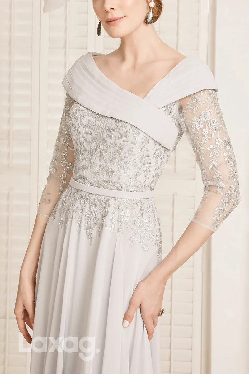 22839 - A-Line V-Neck Quarter Sleeves Appliques Sequins Mother of the Bride Dress