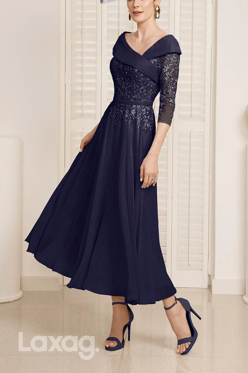 22839 - A-Line V-Neck Quarter Sleeves Appliques Sequins Mother of the Bride Dress