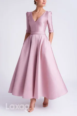 22879 - A-Line V-Neck Half Sleeves Sleek Satin Cocktail Party Formal Evening Dress