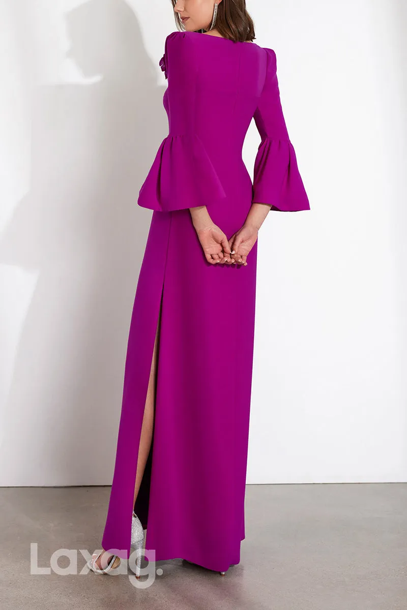 22959 - V-Neck Long Bell Sleeves Floral Embossed Cocktail Party Formal Evening Dress