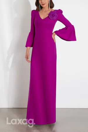 22959 - V-Neck Long Bell Sleeves Floral Embossed Cocktail Party Formal Evening Dress