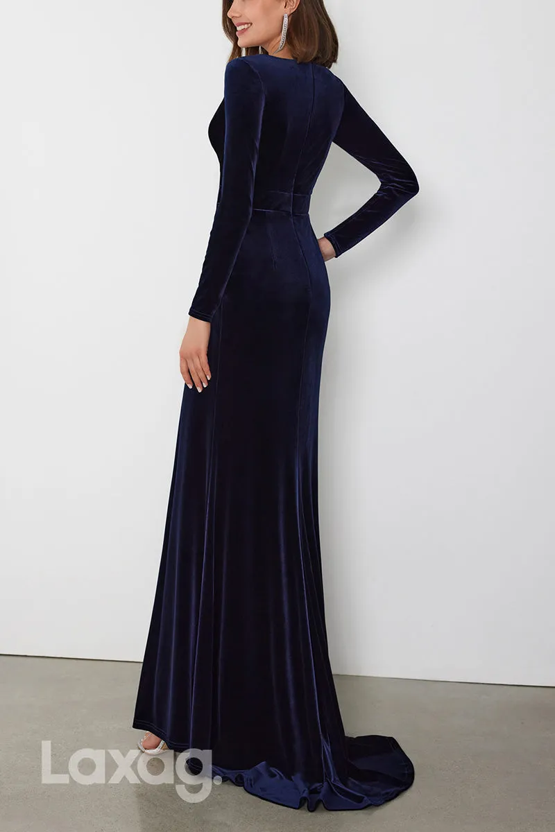 22960 - V-Neck Long Sleeves Cocktail Party Formal Evening Dress with Slit and Train