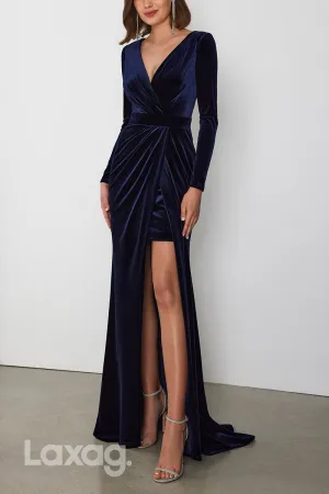 22960 - V-Neck Long Sleeves Cocktail Party Formal Evening Dress with Slit and Train