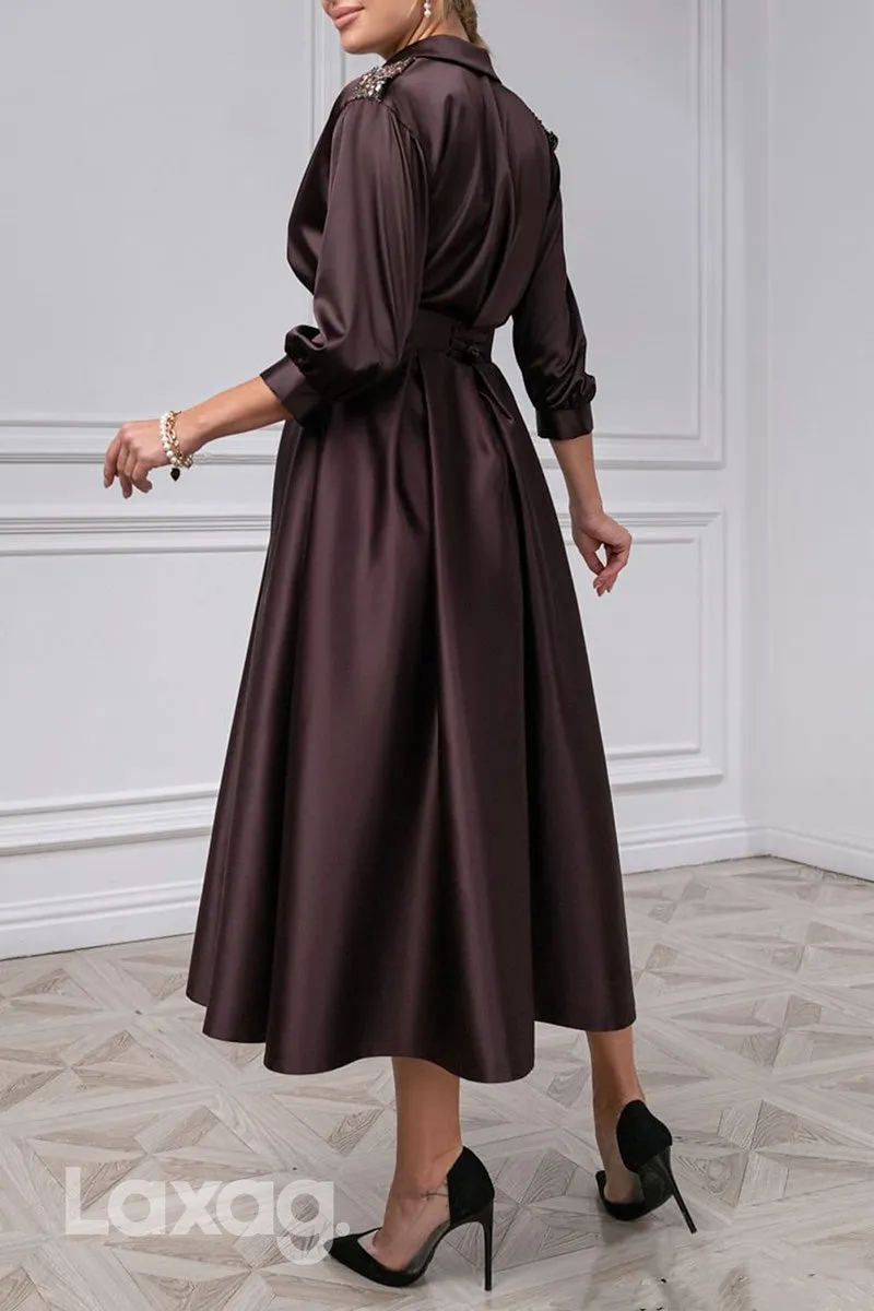 22964 - A-Line V-Neck Quarter Sleeves Beaded Ankle-Length Cocktail Party Formal Evening Dress