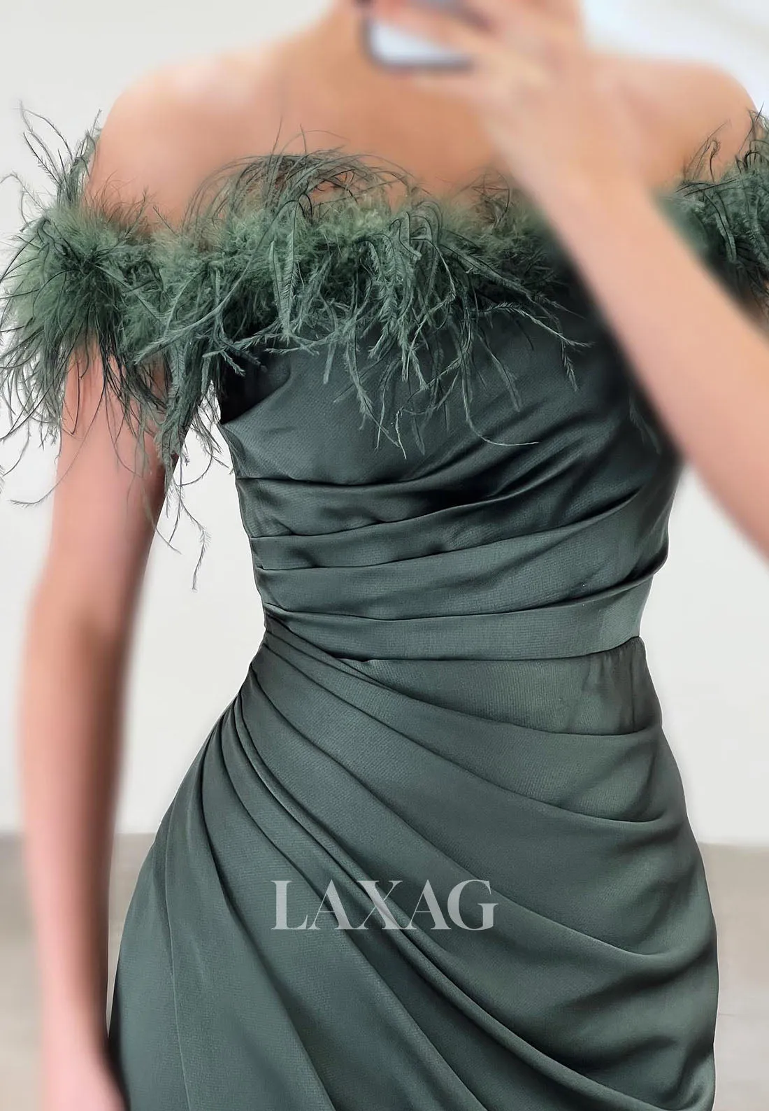 23162 - Off Shoulder Feathers Pleated Sleek Satin Party Prom Formal Evening Dress with Slit