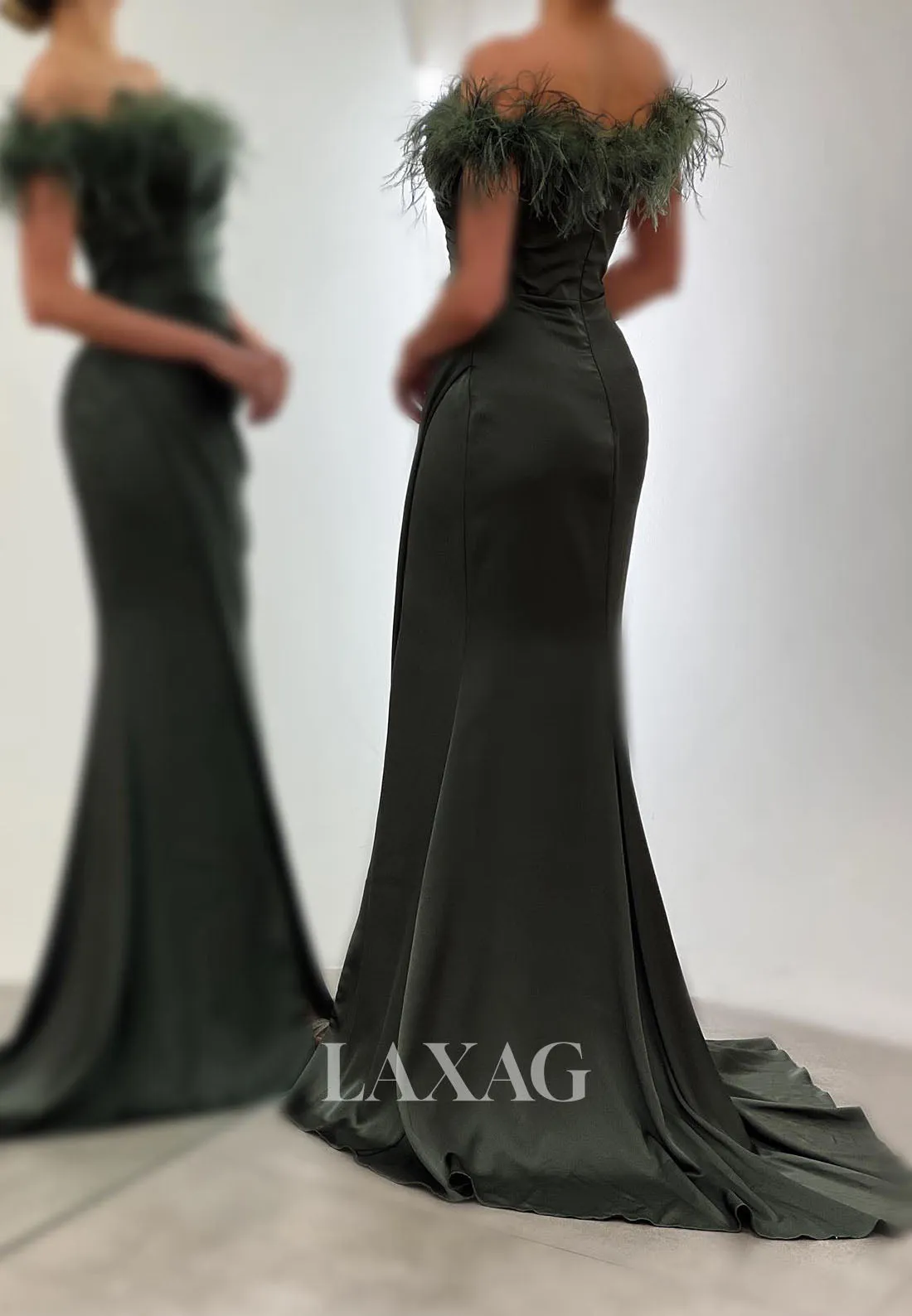 23162 - Off Shoulder Feathers Pleated Sleek Satin Party Prom Formal Evening Dress with Slit