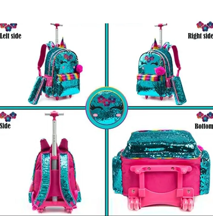 3 in 1 Sequin Design Kids Girls Rolling School Bag/Suitcase Set
