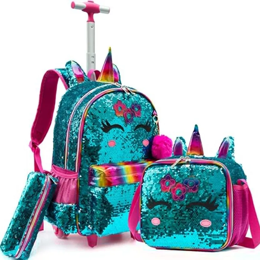 3 in 1 Sequin Design Kids Girls Rolling School Bag/Suitcase Set