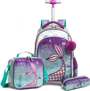 3 in 1 Sequin Design Kids Girls Rolling School Bag/Suitcase Set