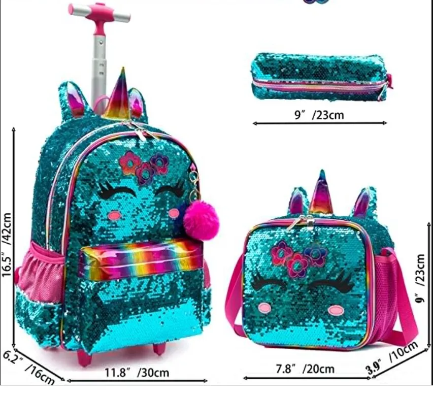 3 in 1 Sequin Design Kids Girls Rolling School Bag/Suitcase Set