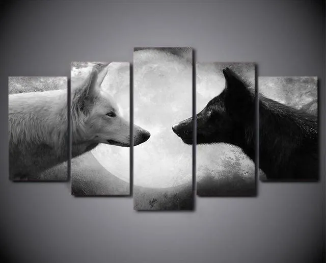 5 Pieces Legendary Black And White Wolves Canvas Painting - Limited Edition