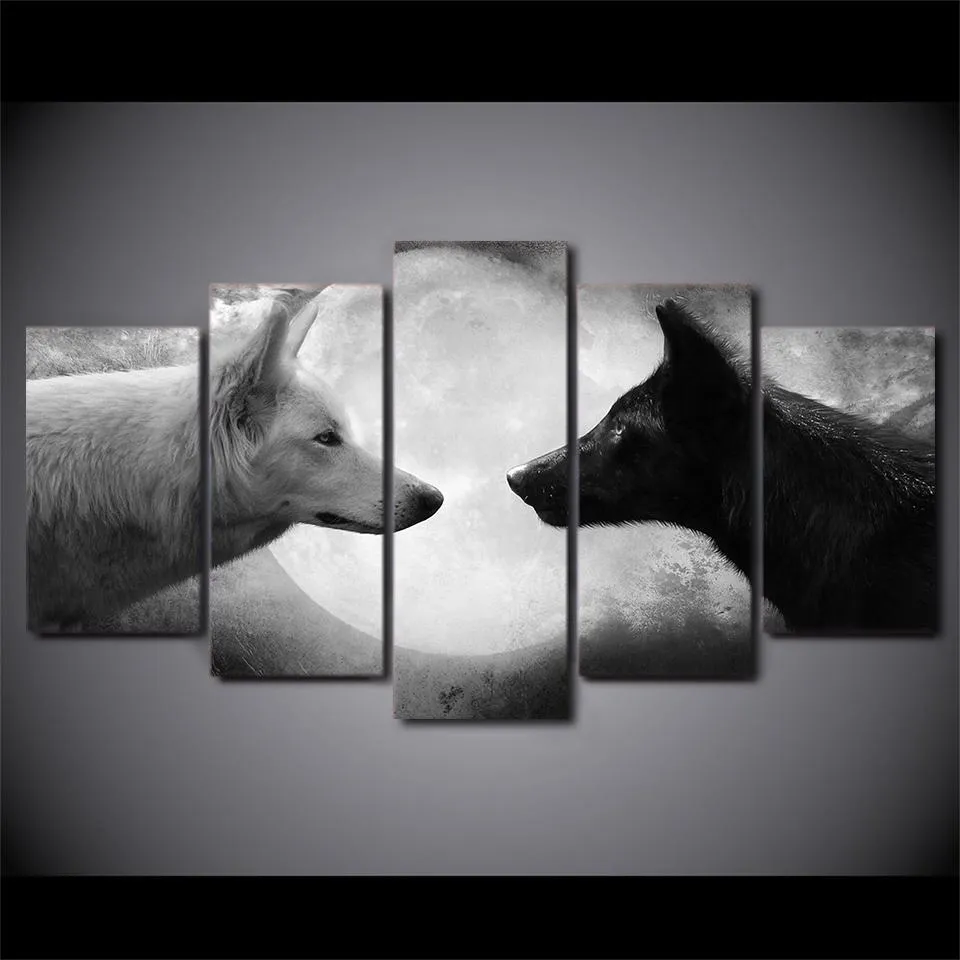 5 Pieces Legendary Black And White Wolves Canvas Painting - Limited Edition