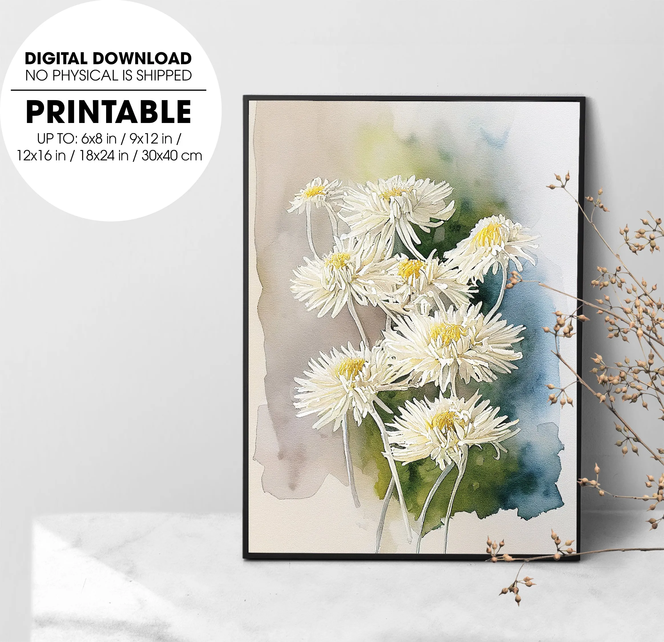 A Bunch Of Blooming Chrysanthemum, Watercolor White Flower, Poster Design, Printable Art