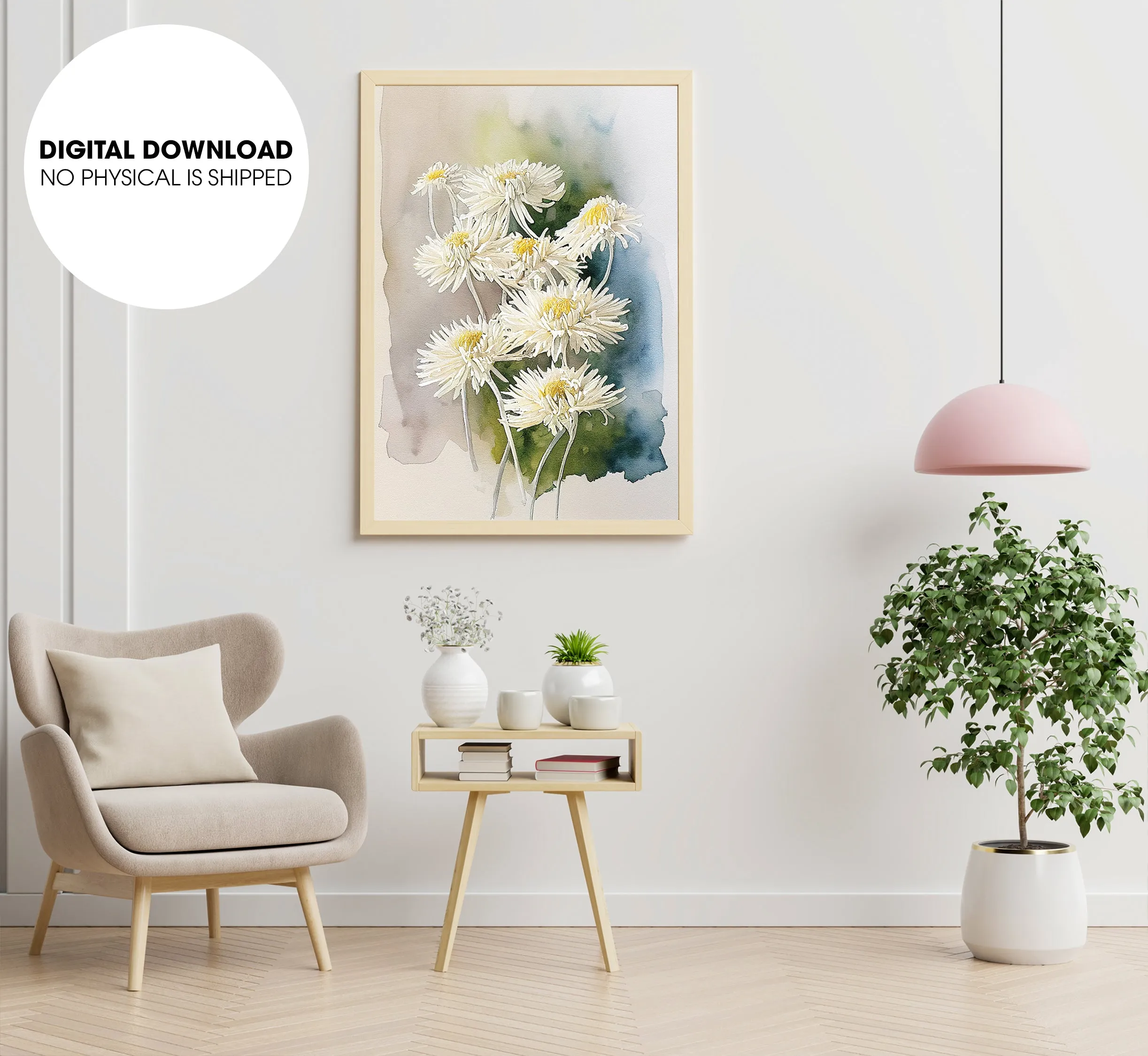 A Bunch Of Blooming Chrysanthemum, Watercolor White Flower, Poster Design, Printable Art