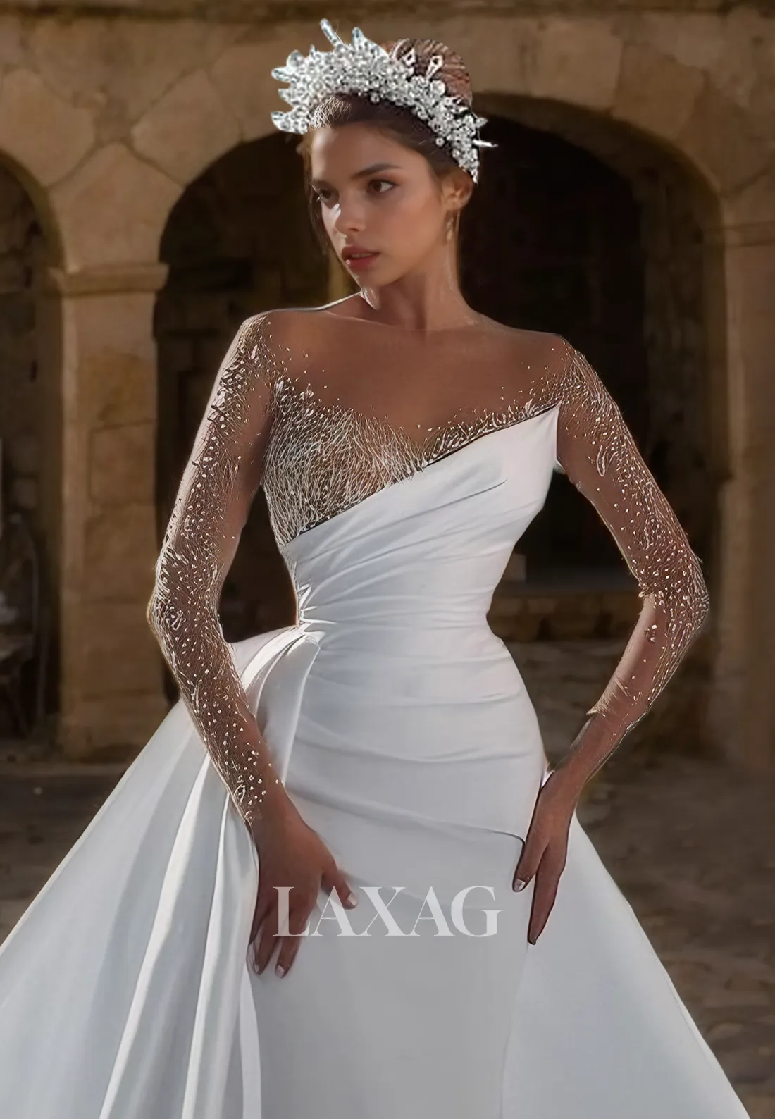 A-Line Long Sleeves Beaded Tulle Elegant Mermaid Wedding Dress with Train