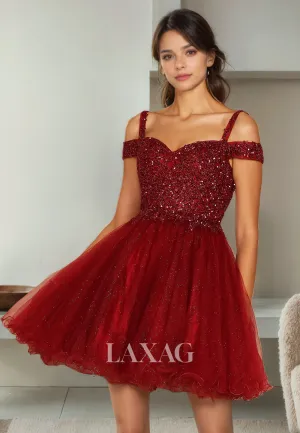 A-Line Off Shoulder Straps Beaded Tulle Sequins Party Homecoming Dress