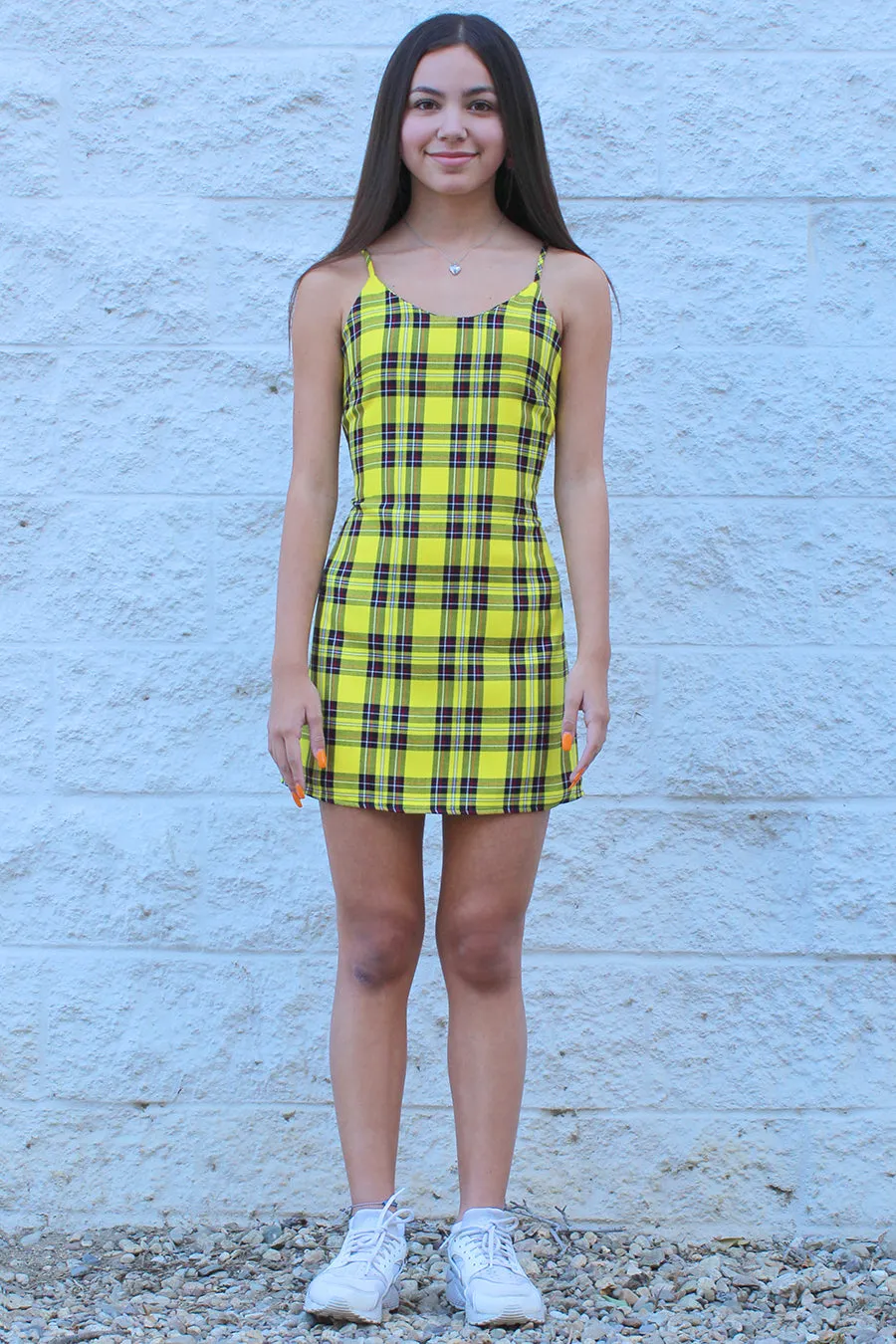 Adjustable Lace Back Dress - Yellow Plaid