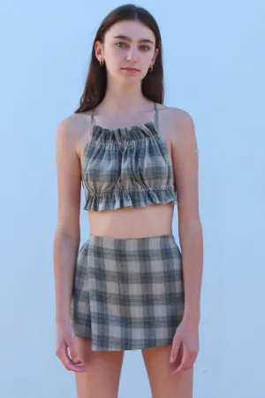 Backless Ruffle Top - Green Beige Plaid