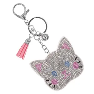 Bling Crystal White Cat Head Tassel Keychain Keyring Bag Purse Charm
