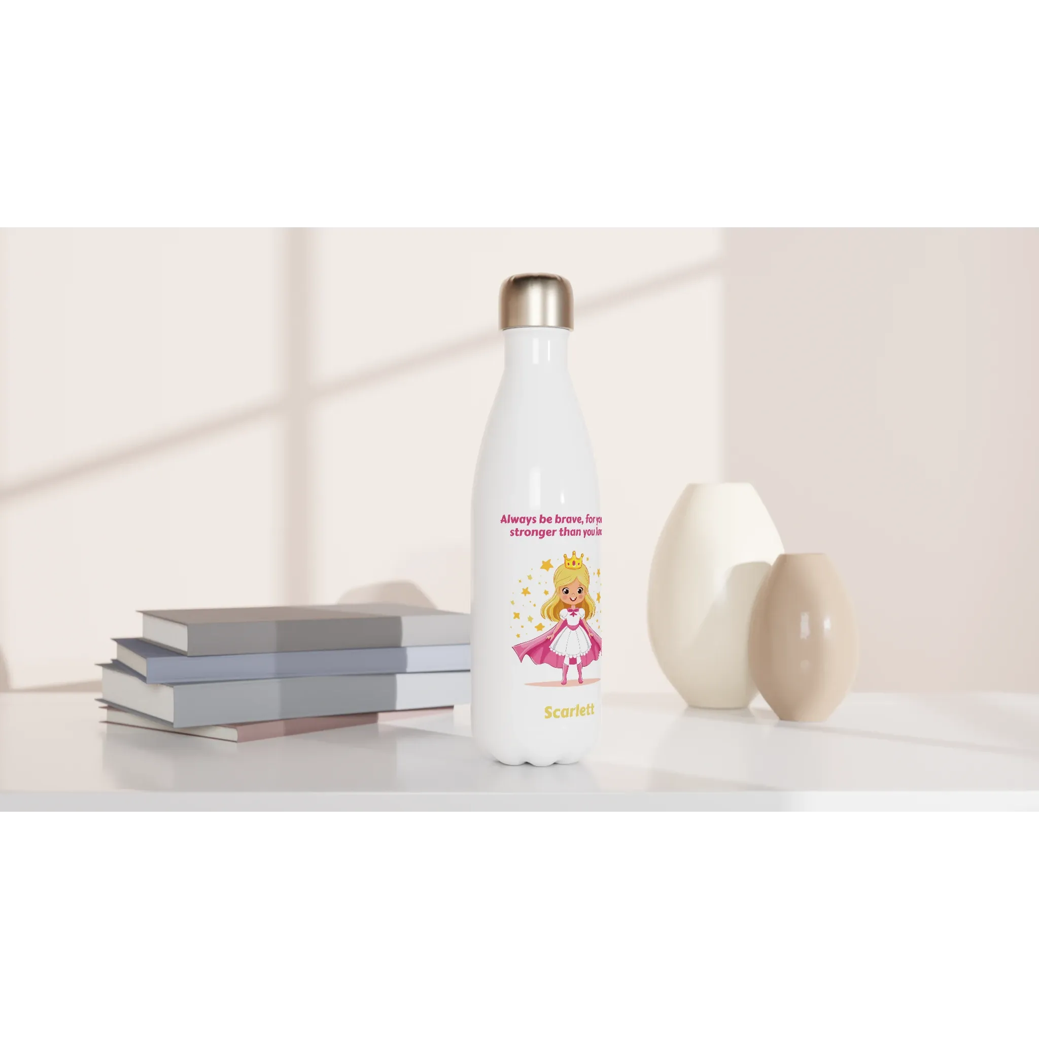 Brave Princess White 17oz Stainless Steel Water Bottle   Personalised Name