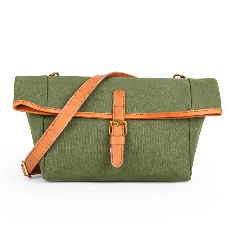 Canvas Leather Mens Womens Small Brown Messenger Bag Shoulder Bag Green Side Bag for Men