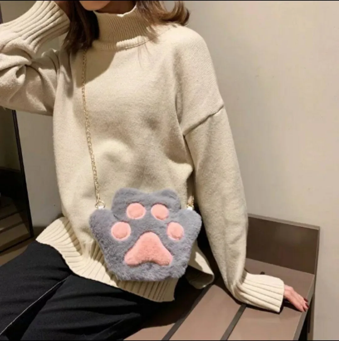 Cat Paw Purse Bag Faux Fur Fluffy soft kawaii cross body chain zipper pocket pastel pink toe beans white gray brown