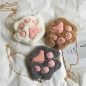 Cat Paw Purse Bag Faux Fur Fluffy soft kawaii cross body chain zipper pocket pastel pink toe beans white gray brown