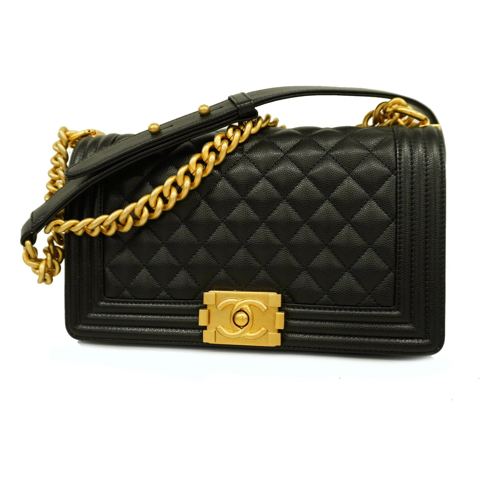 CHANEL   Boy  Chain Shoulder Women's Caviar Leather Shoulder Bag Black