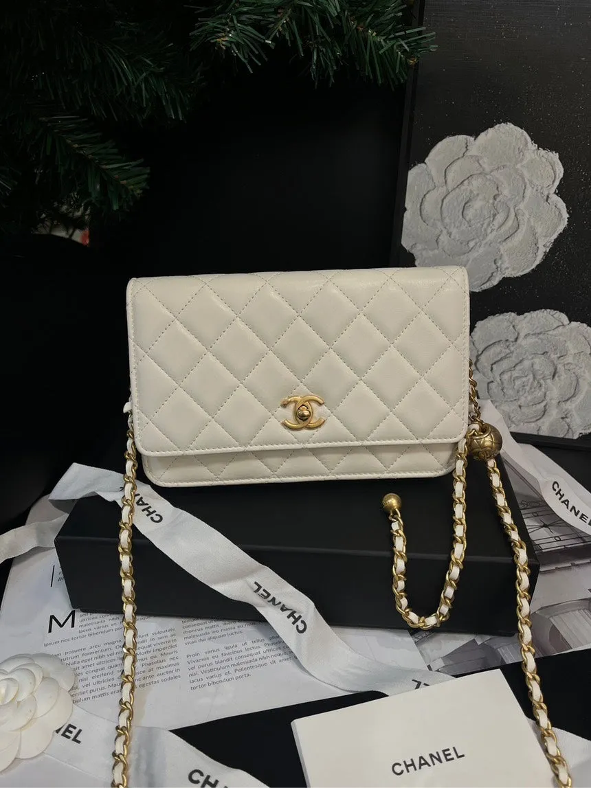 Chanel White Leather Gold Ball WOC Crossbody Bag