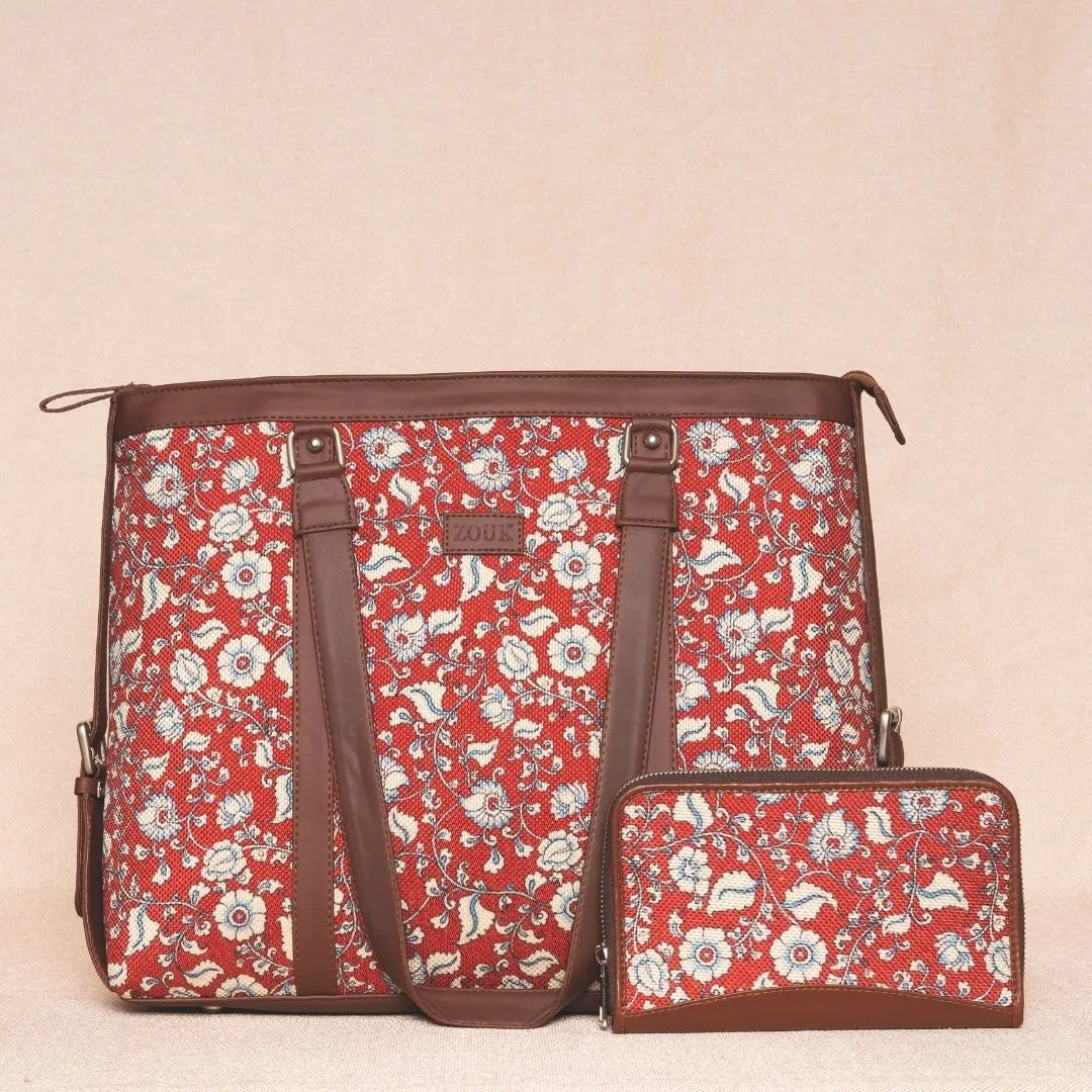 Chittoor Red Kalamkari- Office Bag & Chain Wallet Combo