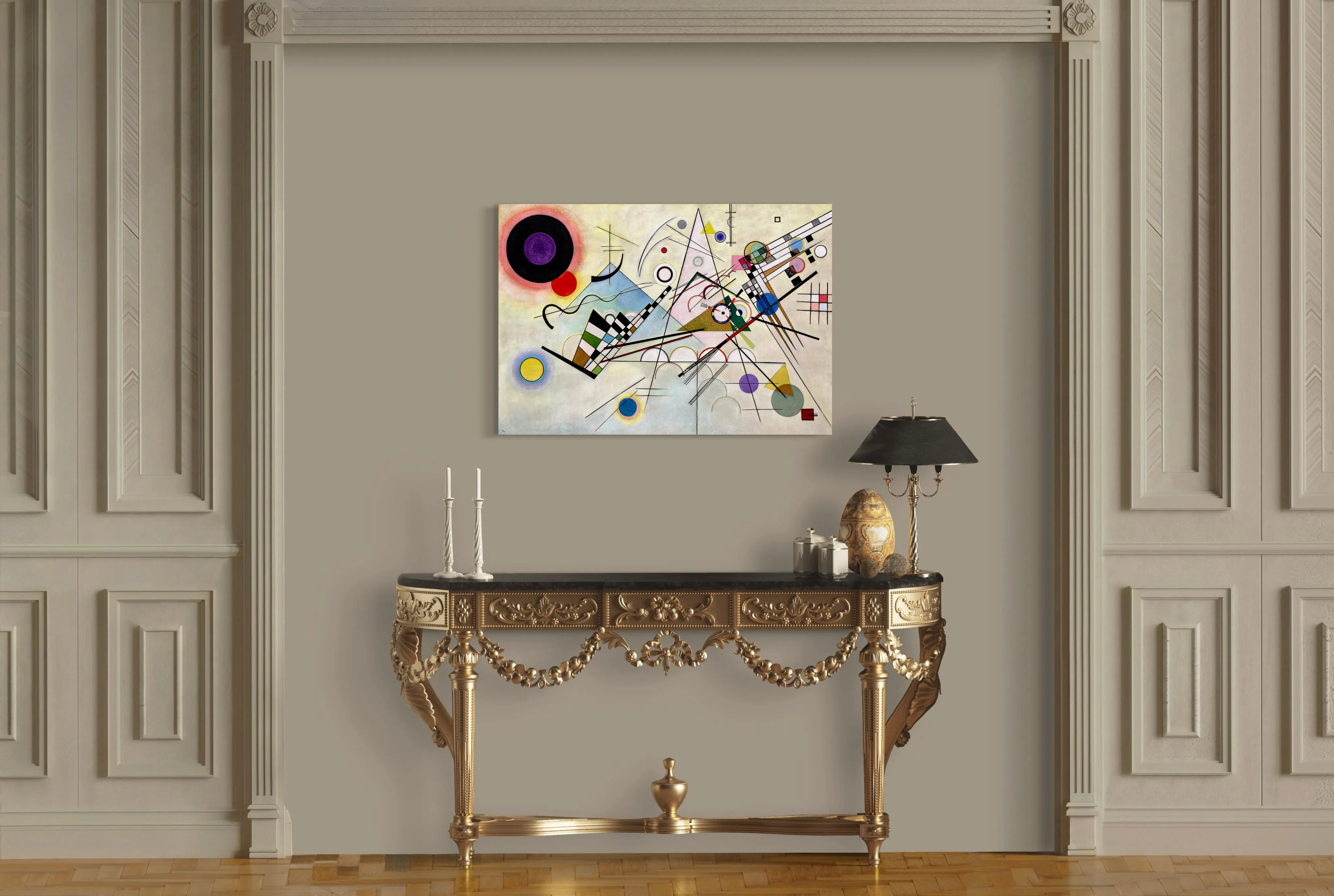 Composition VIII- Painted by Wassily Kandinsky - Circa. 1923. High Quality Polyester Cotton Canvas Print. Ready to be Framed. Available in One Large Size. 70cm X 100cm. Stretched Canvas Option Available in One (1) Large Size - 70cm x 100cm