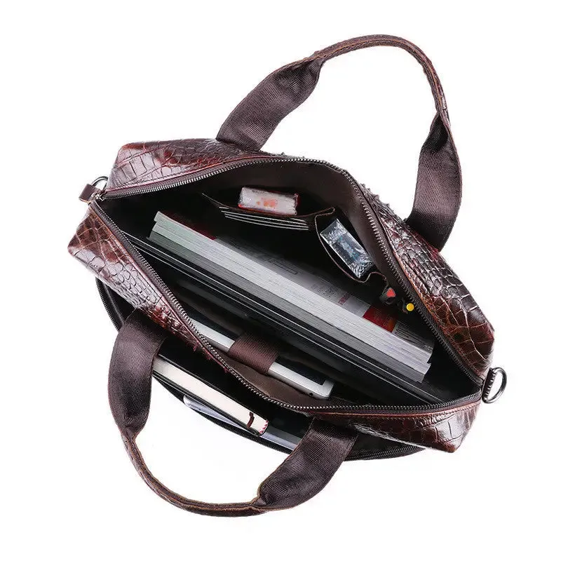 Cowhide Computer Bag with 15-Inch Laptop Compartment & Crocodile Pattern