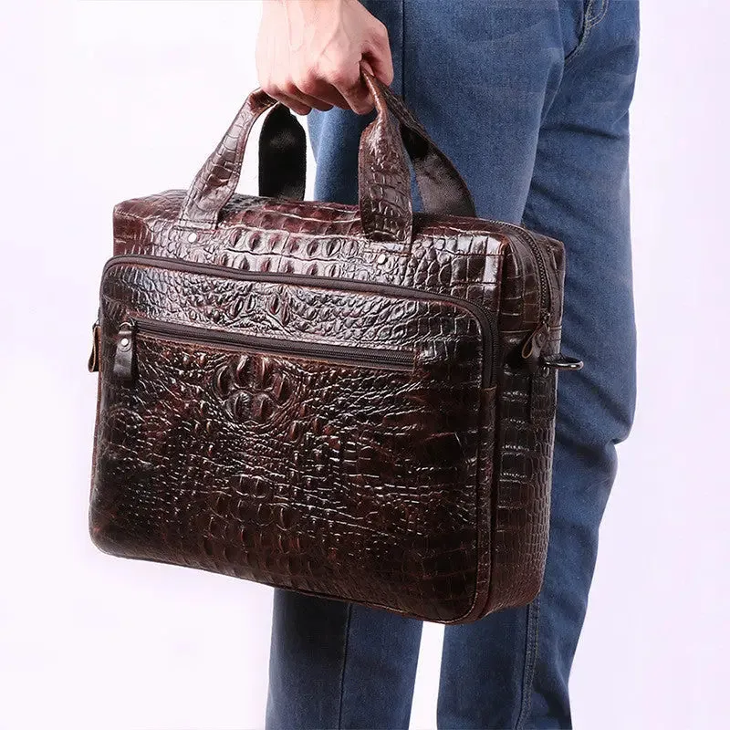Cowhide Computer Bag with 15-Inch Laptop Compartment & Crocodile Pattern