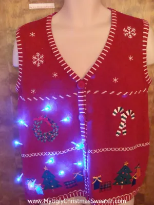 Crafty Embroidered Cute Christmas Sweater Vest with Lights
