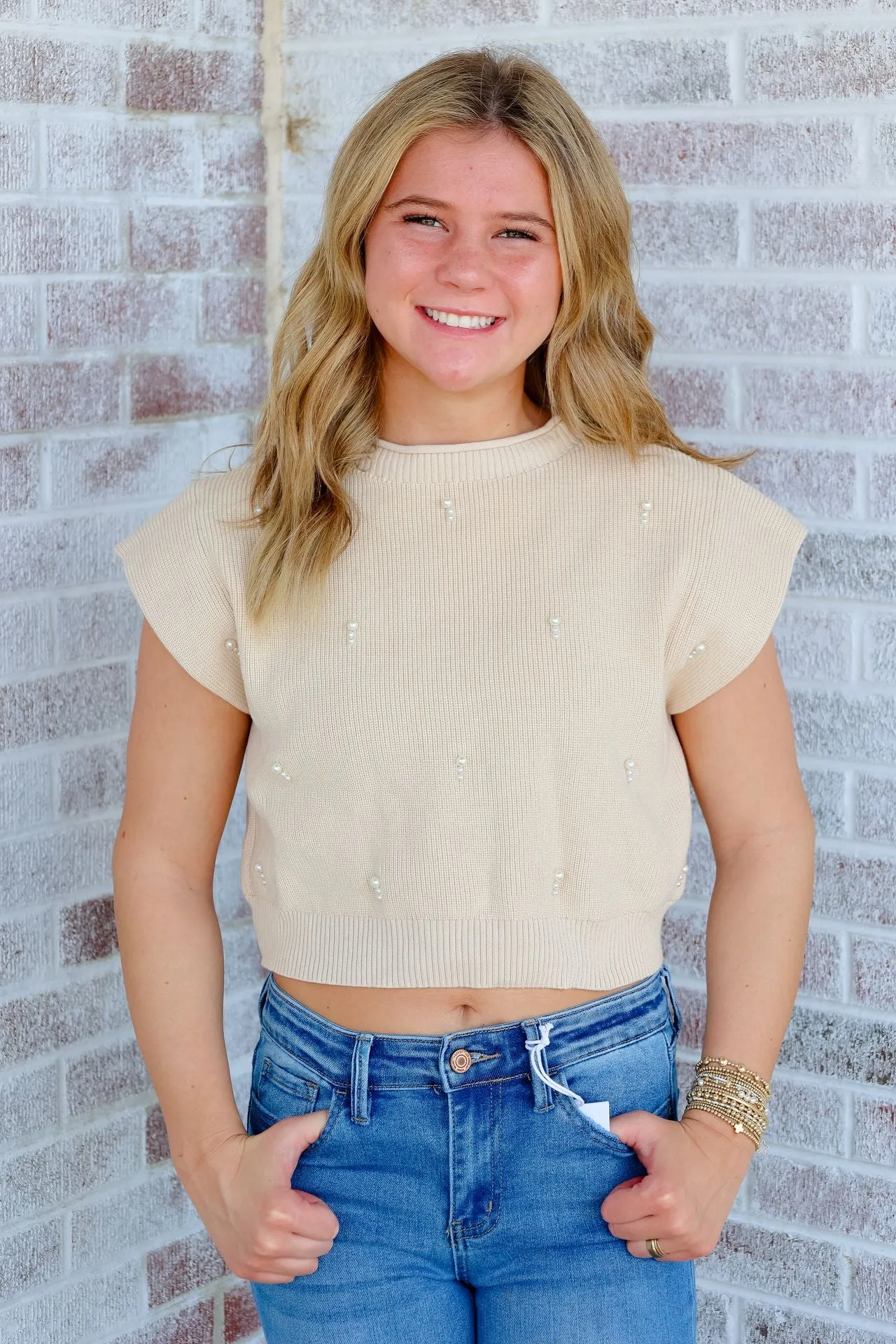 Crush Of The Week Mock Neck Pearl Embellished Sweater
